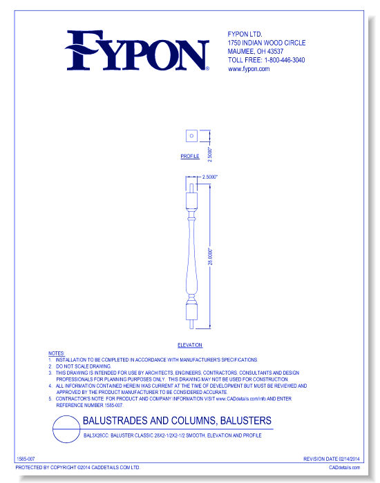 BAL3x28CC: Baluster Classic 28x2-1/2x2-1/2 Smooth, Elevation