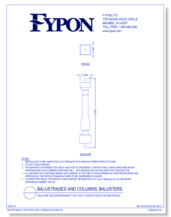 BAL5x31BE: Baluster Beaumont 31x5-1/4x5-1/4 Smooth, Elevation