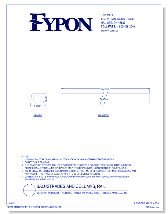 BBR7x120: Baluster Straight Bottom Rail 7x5-1/4x120 Smooth, Profile