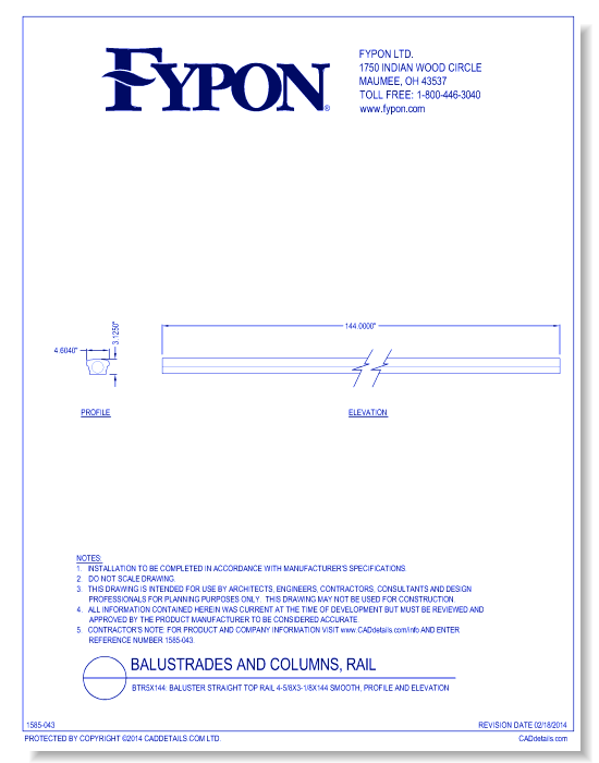 BTR5x144: Baluster Straight Top Rail 4-5/8x3-1/8x144 Smooth, Profile