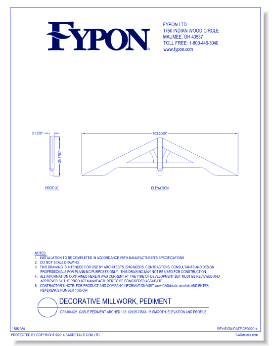 GPA104X26: Gable Pediment Arched 103-1/2x25-7/8x3-1/8 Smooth, Elevation