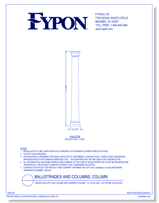 HRCBCC96x12ST: Half Round Non-Tapered Column 110-1/4x22-3/8x11-3/4 Stone, Elevation