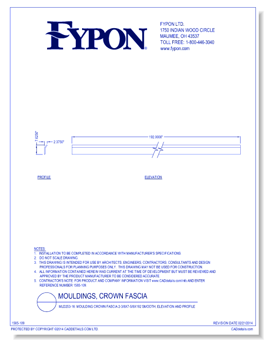 MLD253-16: Moulding Crown Fascia 2-3/8x7-5/8x192 Smooth, Profile