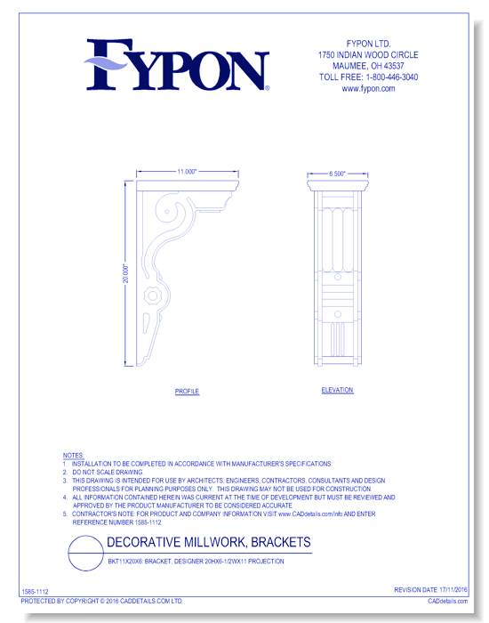 BKT11X20X6: Bracket, Designer 20Hx6-1/2Wx11 Projection