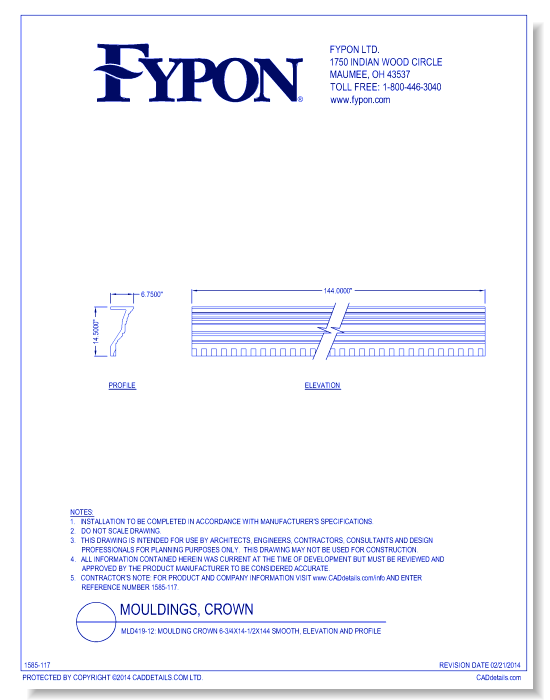 MLD419-12: Moulding Crown 6-3/4x14-1/2x144 Smooth, Profile