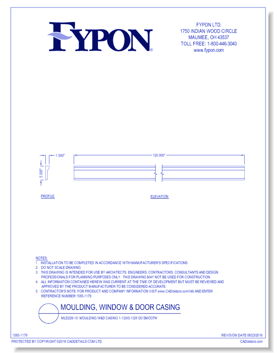 MLD226-10: Moulding W&D Casing 1-1/2x5-1/2x120 Smooth
