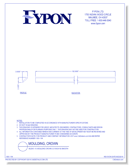 MLD451-16: Moulding Crown 3-3/16x3x192 Smooth