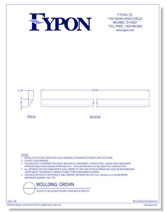 MLD453-16: Moulding Crown 4-3/4x6-3/4x192 Smooth