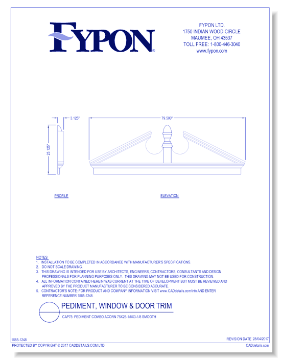 CAP75: Pediment Combo Acorn 75X25-1/8X3-1/8 Smooth