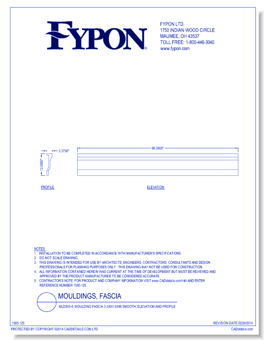 MLD505-8: Moulding Fascia 3-3/8x13x96 Smooth, Profile