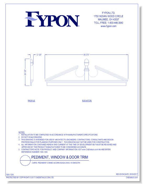 CAP85: Pediment Combo Acorn 85X28-3/8X3-1/8 Smooth