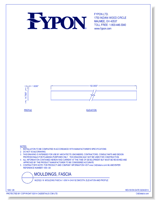MLD522-16: Moulding Fascia 1-5/8X14-3/4X192 Smooth, Profile