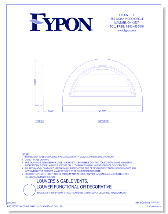 HRLV36X18-4F/FHRLV36X18-4F: Half Round W/FL Trim Louver Deco/Func 43X25X2 Smooth