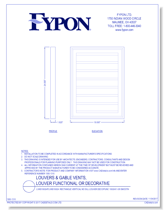 LVNS18X24/FLVNS18x24: Rectangle Vertical No Sill Louver Deco/Func 18X24X1-5/8 Smooth