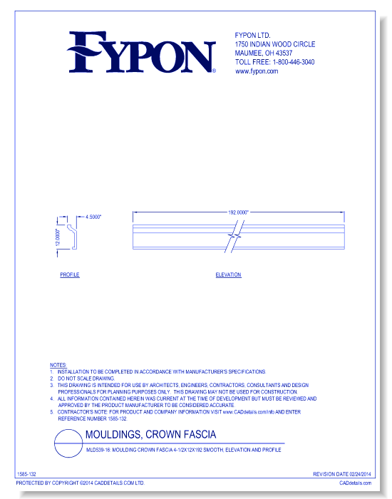 MLD539-16: Moulding Crown Fascia 4-1/2x12x192 Smooth, Profile