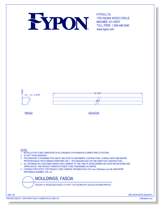 MLD548-16: Moulding Fascia 3-3/16x7-1/2x192 Smooth, Profile