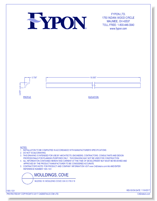 MLD592-16: Moulding Cove 3 3/4 X 3 7/8 X 16