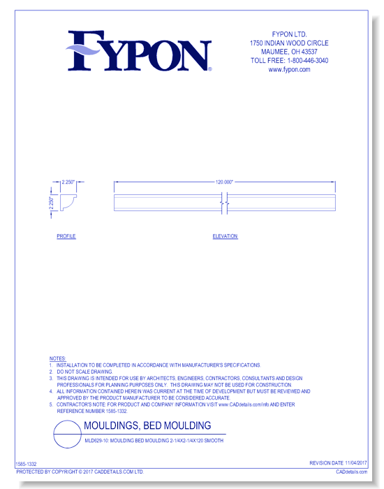 MLD629-10: Moulding Bed Moulding 2-1/4X2-1/4X120 Smooth