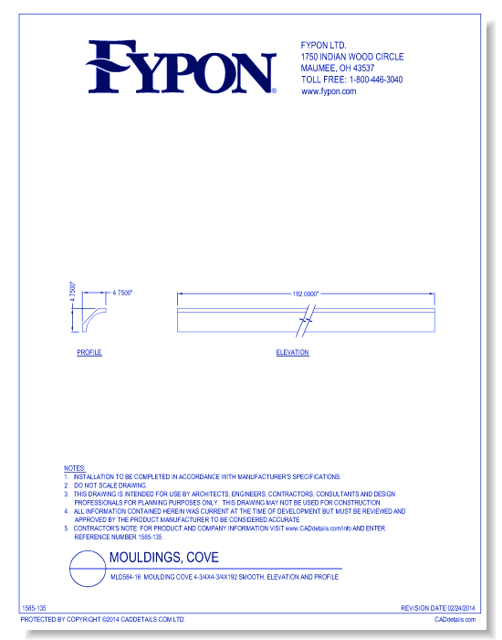 MLD584-16: Moulding Cove 4-3/4x4-3/4x192 Smooth, Profile