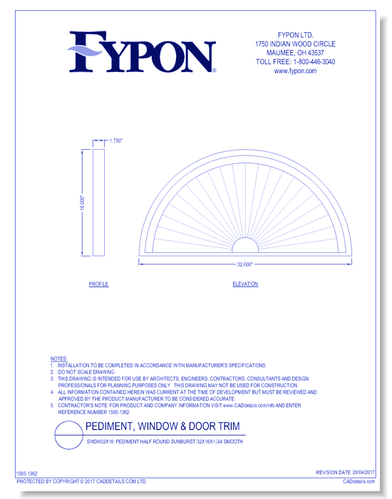 SWDH32X16: Pediment Half Round Sunburst 32X16X1-3/4 Smooth