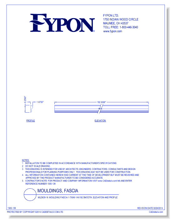 MLD639-16: Moulding Fascia 1-7/8x6-1/4x192 Smooth, Profile