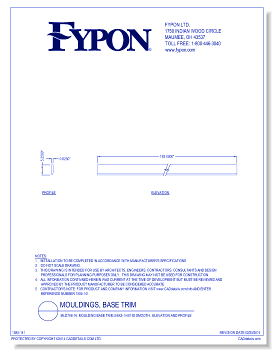 MLD706-16: Moulding Base Trim 5/8x5-1/4x192 Smooth, Profile