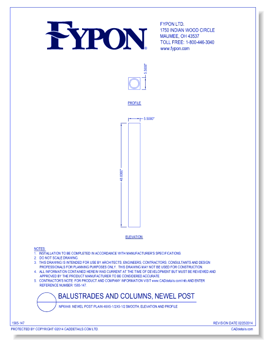 NP6x48: Newel Post Plain 48x5-1/2x5-1/2 Smooth, Elevation