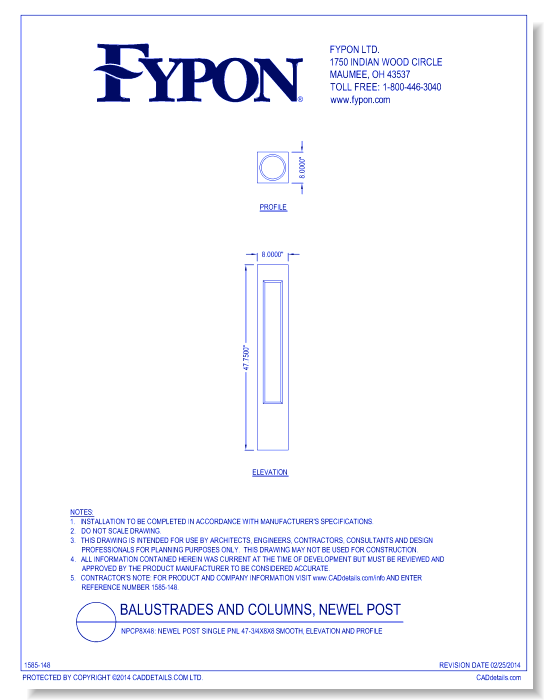 NPCP8x48: Newel Post Single Pnl 47-3/4x8x8 Smooth, Elevation
