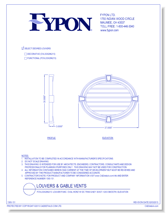OVL35x28K215/FOVL35x28K215: Oval Horizontal Louver W/ DC Trim & Key Deco/Func 30X37-1/2X3 Smooth