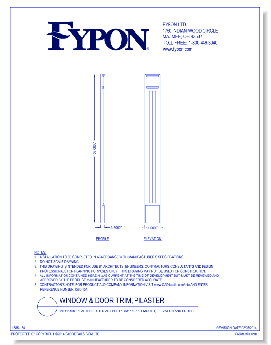 PIL11x108: Pilaster Fluted Adj Plth 108x11x3-1/2 Smooth, Elevation