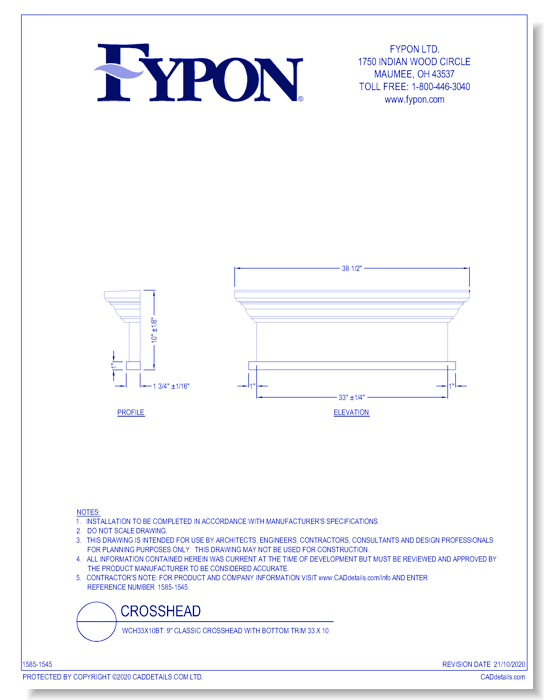 WCH33X10BT: 9" Classic Crosshead with Bottom Trim 33 x 10