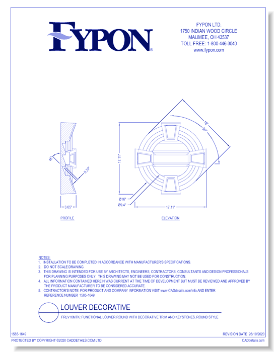 FRLV16MTK: Functional Louver Round with Decorative Trim and Keystones, Round Style