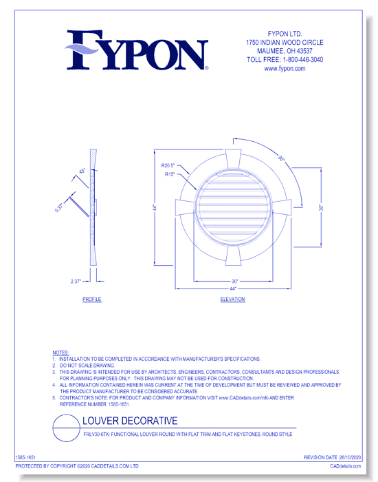 FRLV30-6TK: Functional Louver Round with Flat Trim and Flat Keystones, Round Style