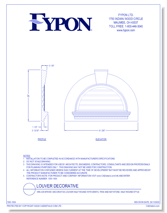 HRLV29-6FKWD: Decorative Louver Half Round with Dentil Trim and Keystone, Half-Round Style