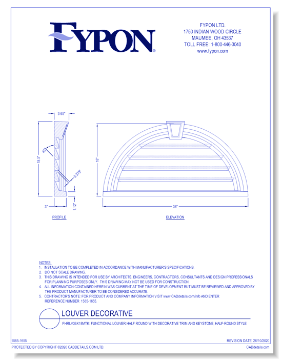 FHRLV36X18MTK: Functional Louver Half Round with Decorative Trim and Keystone, Half-Round Style