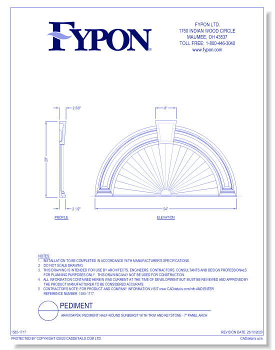 AR40X54PSK: Pediment Half-Round Sunburst with Trim and Keystone - 7" Panel Arch