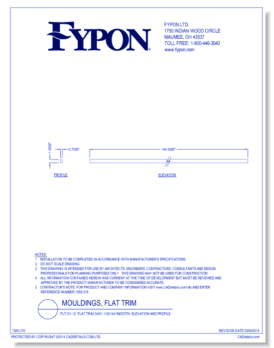 FLT101-12: Flat Trim 3/4x1-1/2x144 Smooth, Profile