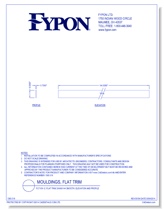 FLT109-12: Flat Trim 3/4x6x144 Smooth, Profile