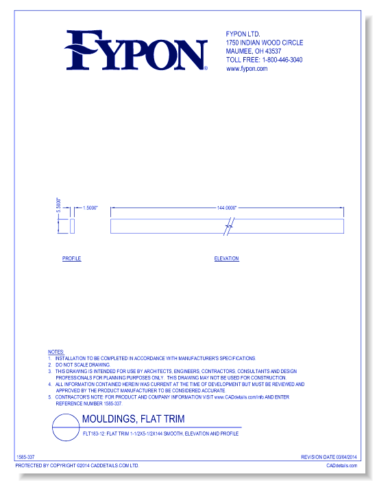 FLT183-12: Flat Trim 1-1/2x5-1/2x144 Smooth, Profile