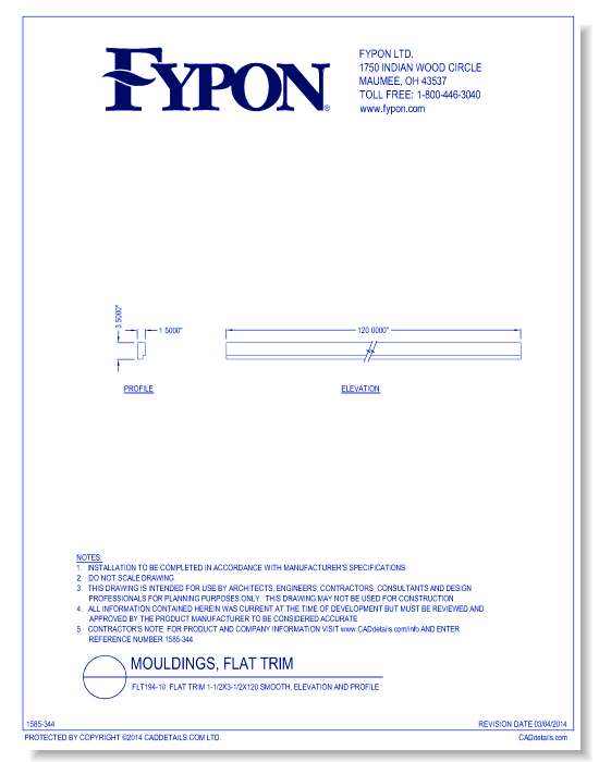 FLT194-10: Flat Trim 1-1/2x3-1/2x120 Smooth, Profile