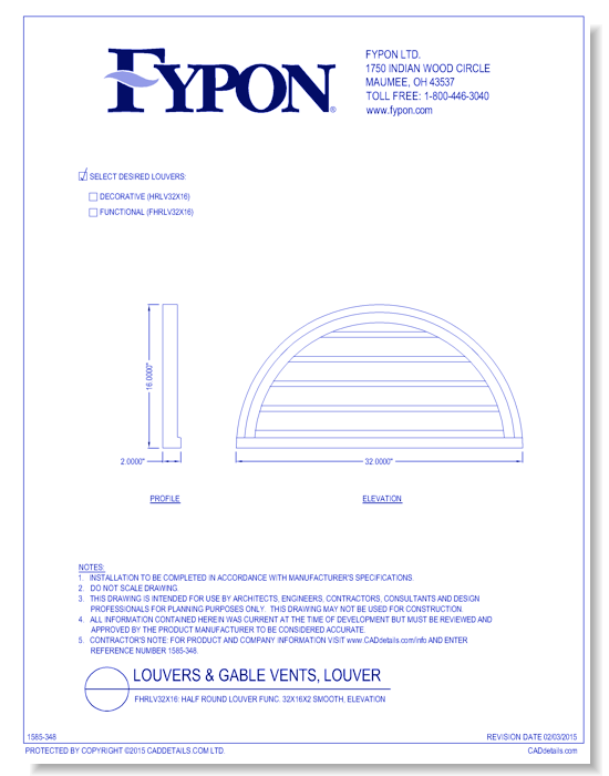 HRLV32x16/FHRLV32x16: Half Round Louver Deco/Func 32X16X2 Smooth
