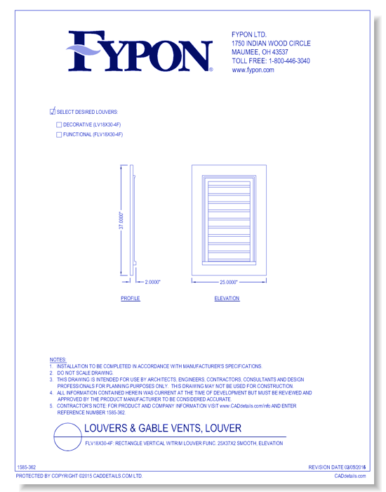 LV18x30-4F: Rectangle Vertical W/Trim Louver 25x37x2 Smooth, Elevation