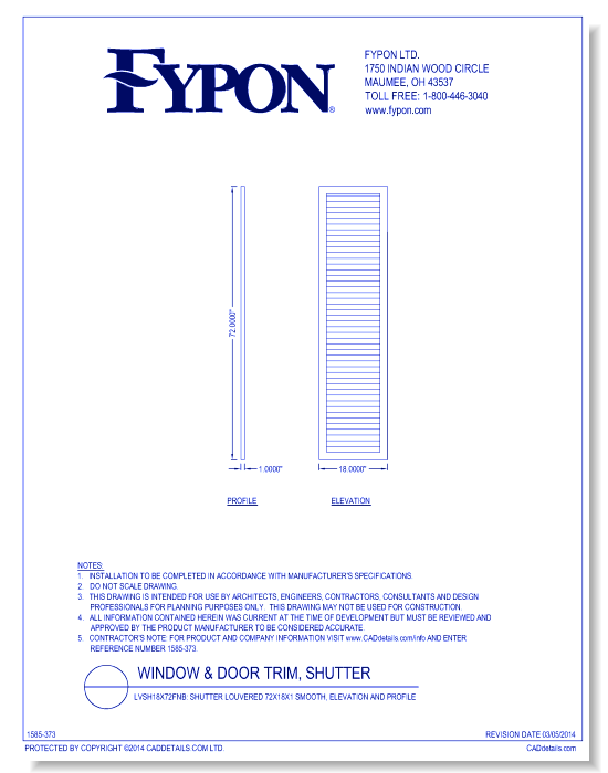 LVSH18x72FNB: Shutter Louvered 72x18x1 Smooth, Elevation