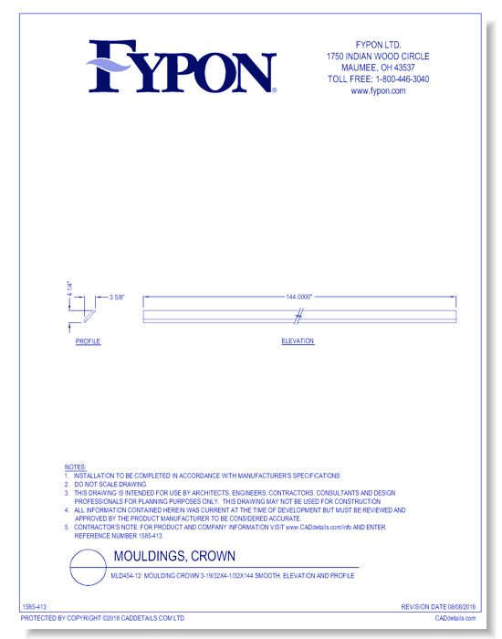 MLD454-12: Moulding Crown 3-19/32x4-1/32x144 Smooth, Profile