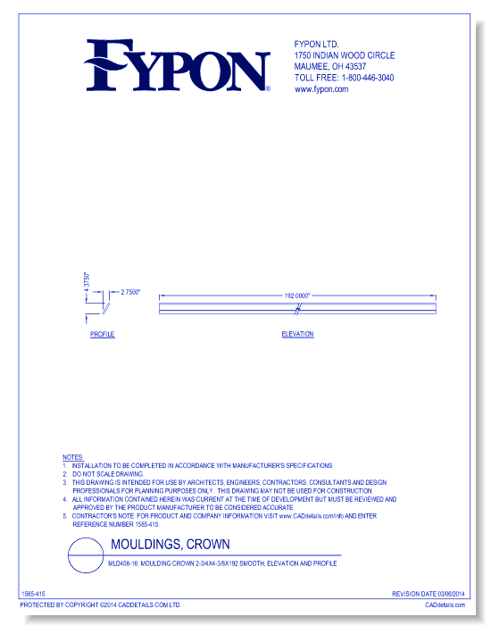 MLD456-16: Moulding Crown 2-3/4x4-3/8x192 Smooth, Profile