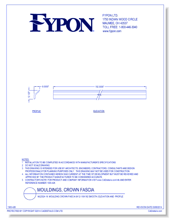 MLD524-16: Moulding Crown Fascia 8x12-1/8x192 Smooth, Profile