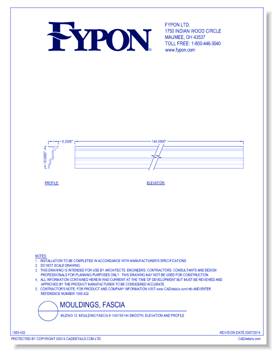 MLD543-12: Moulding Fascia 8-1/4x19x144 Smooth, Profile