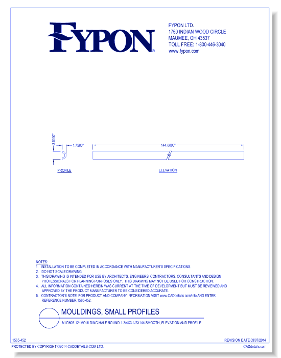 MLD605-12: Moulding Half Round 1-3/4x3-1/2x144 Smooth, Profile