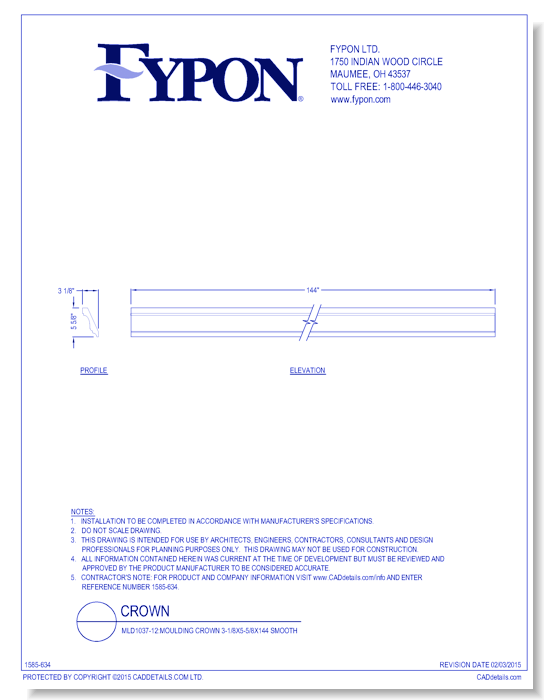 MLD1037-12: Moulding Crown 3-1/8x5-5/8x144 Smooth