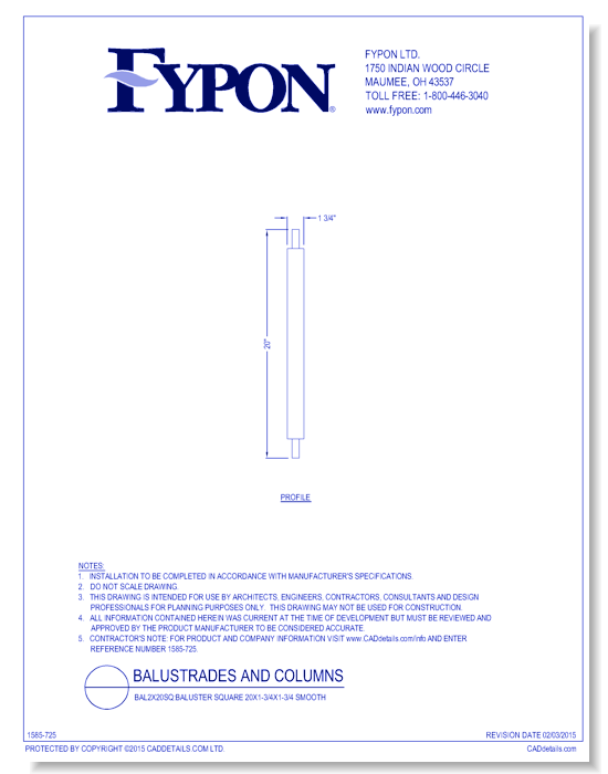 BAL2x20SQ: Baluster Square 20x1-3/4x1-3/4 Smooth